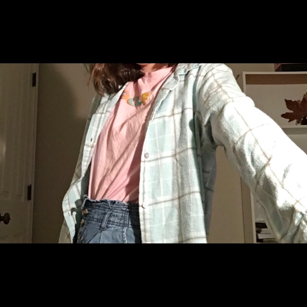 (Blair) button up flannel. Or over shirt.